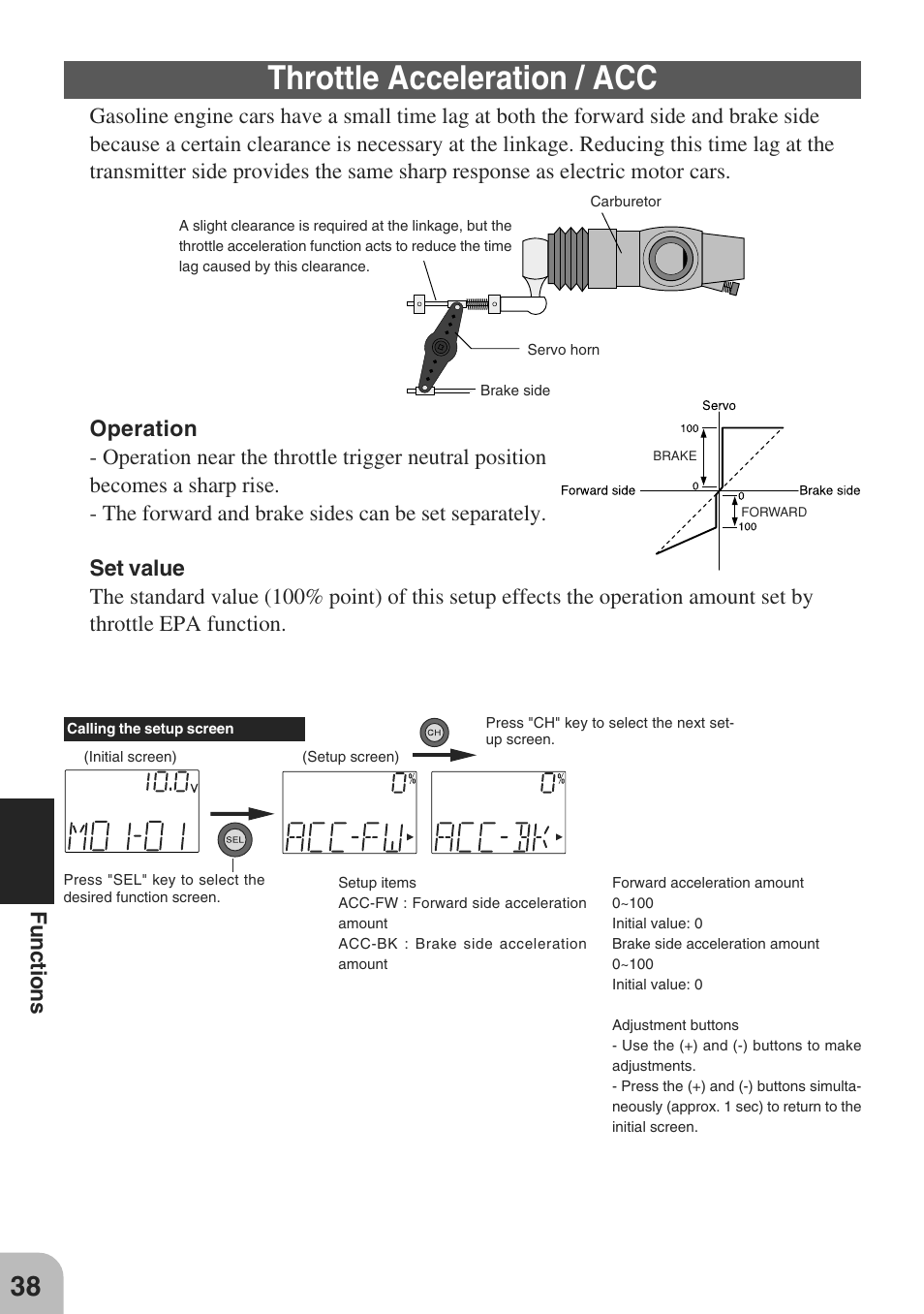 Throttle acceleration / acc, Functions | Futaba 3PM-X 2.4GHz User Manual | Page 38 / 66