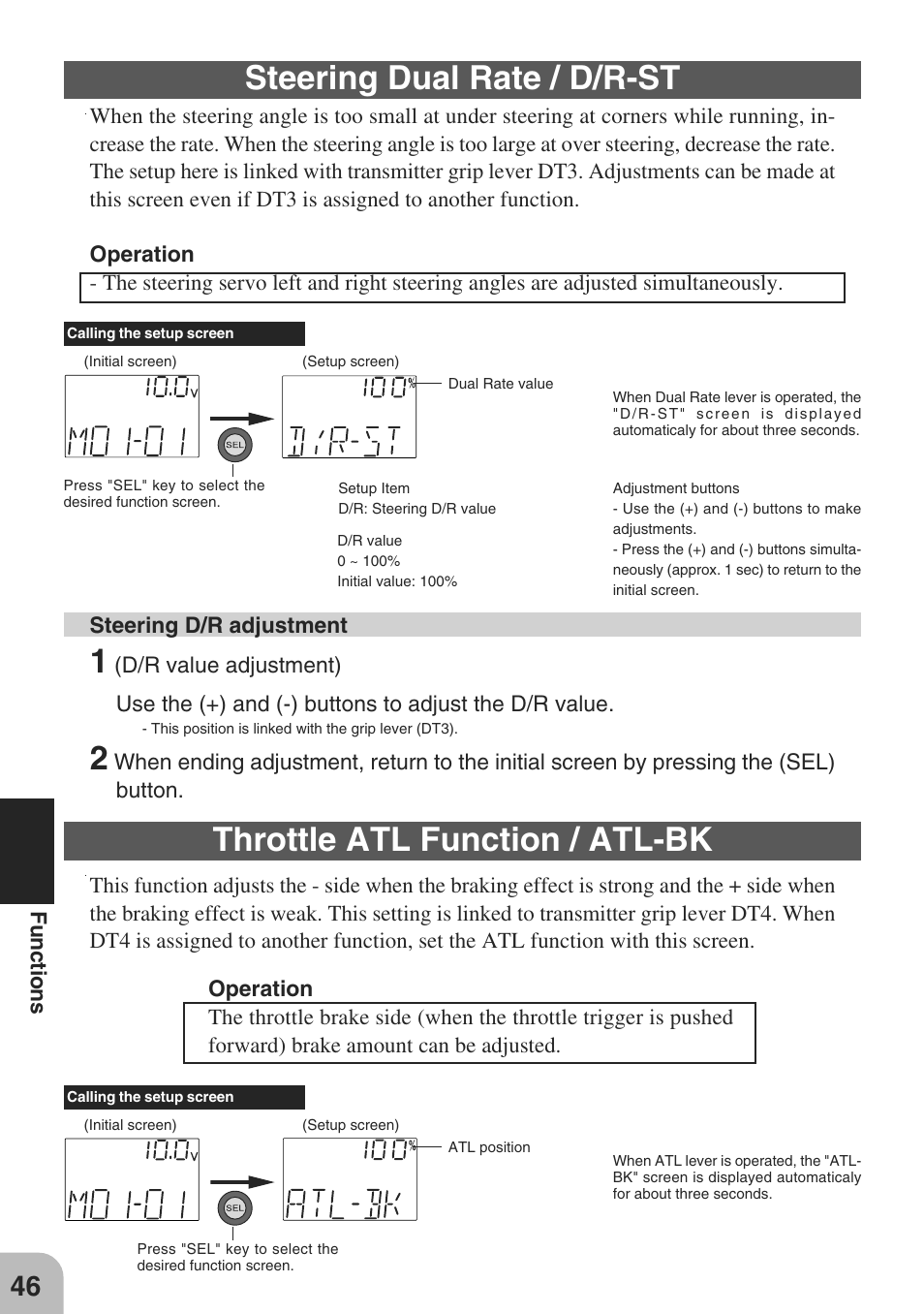 Steering dual rate / d/r-st, Throttle atl function / atl-bk | Futaba 3PM-X 2.4GHz User Manual | Page 46 / 66