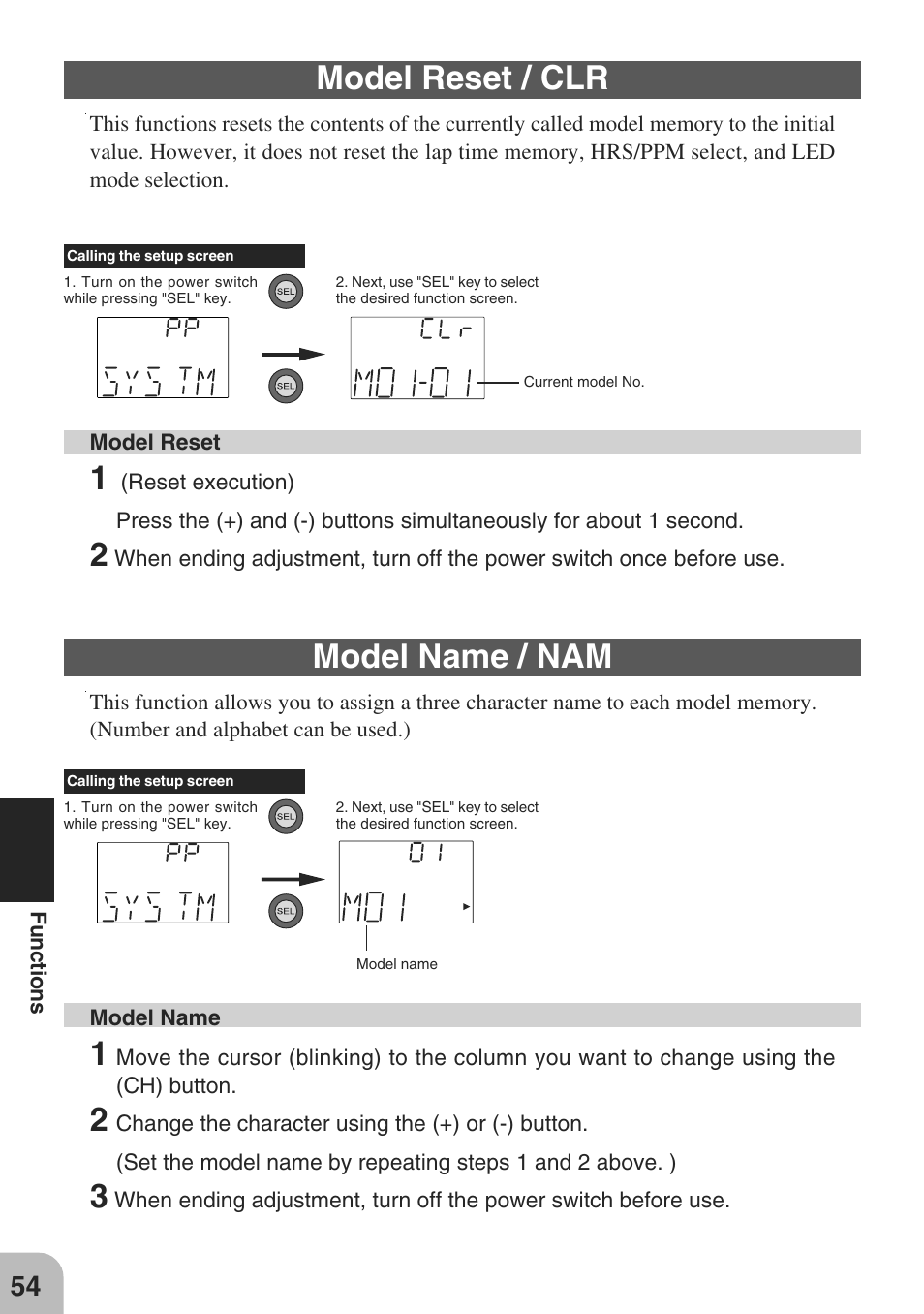 Model reset / clr, Model name / nam | Futaba 3PM-X 2.4GHz User Manual | Page 54 / 66