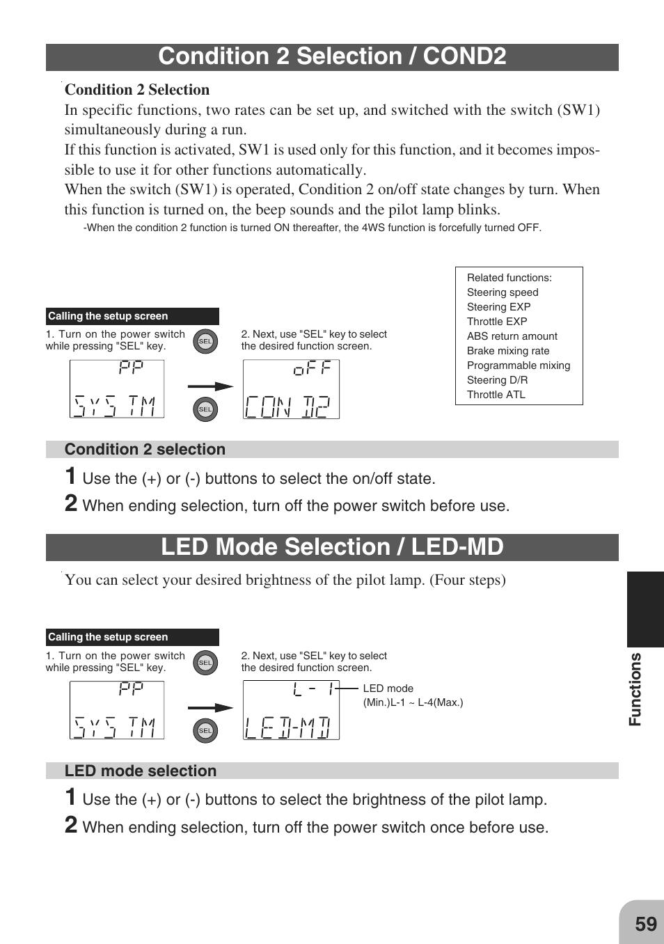 Condition 2 selection / cond2, Led mode selection / led-md | Futaba 3PM-X 2.4GHz User Manual | Page 59 / 66