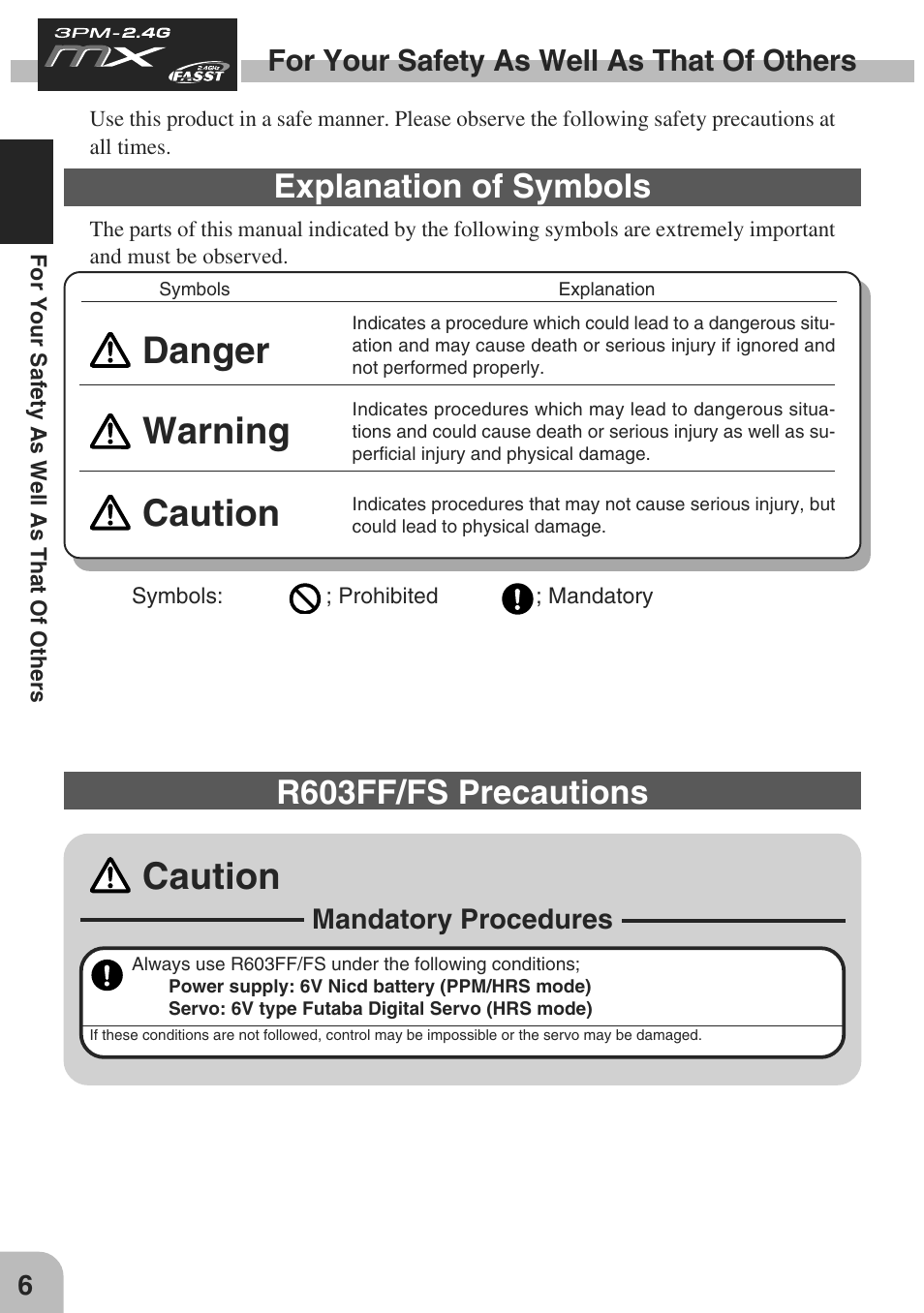 Danger, Warning, Caution | Explanation of symbols, R603ff/fs precautions, For your safety as well as that of others | Futaba 3PM-X 2.4GHz User Manual | Page 6 / 66