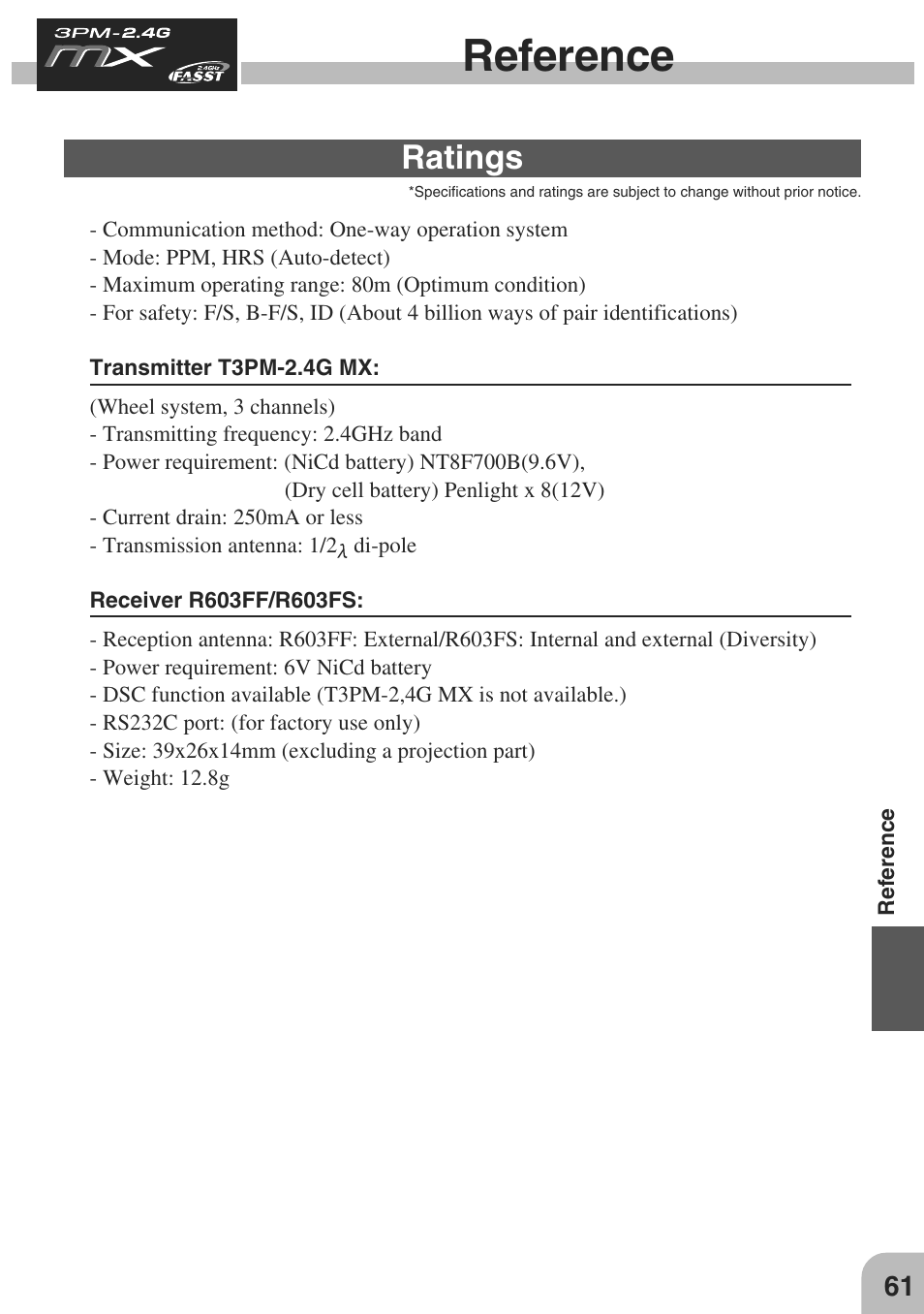 Reference, Ratings | Futaba 3PM-X 2.4GHz User Manual | Page 61 / 66