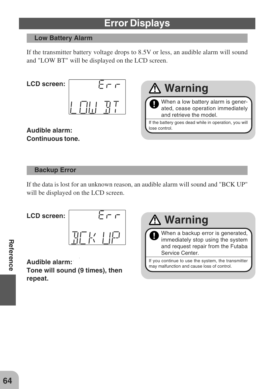 Warning, Error displays | Futaba 3PM-X 2.4GHz User Manual | Page 64 / 66