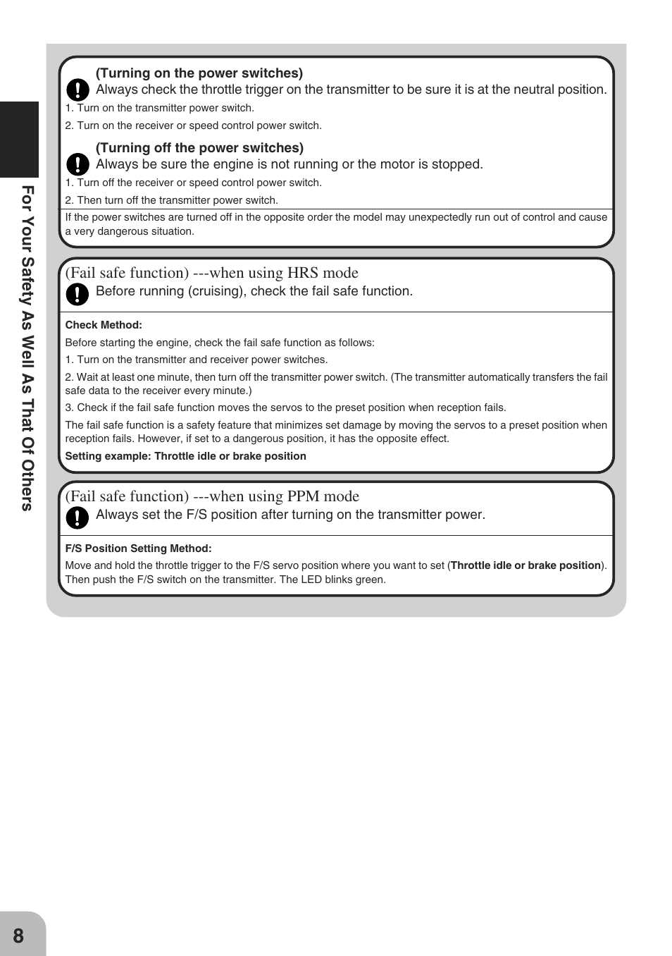 For your safety as well as that of others, Fail safe function) ---when using hrs mode, Fail safe function) ---when using ppm mode | Futaba 3PM-X 2.4GHz User Manual | Page 8 / 66