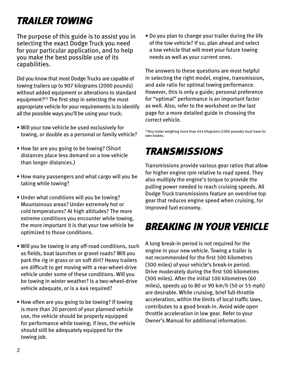 Transmissions, Breaking in your vehicle, Trailer towing | Chrysler RAM 4500 User Manual | Page 2 / 44