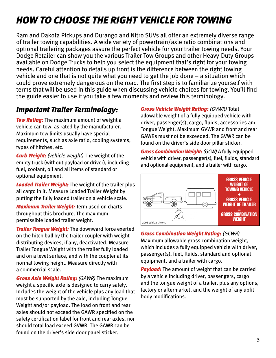 How to choose the right vehicle for towing, Important trailer terminology | Chrysler RAM 4500 User Manual | Page 3 / 44