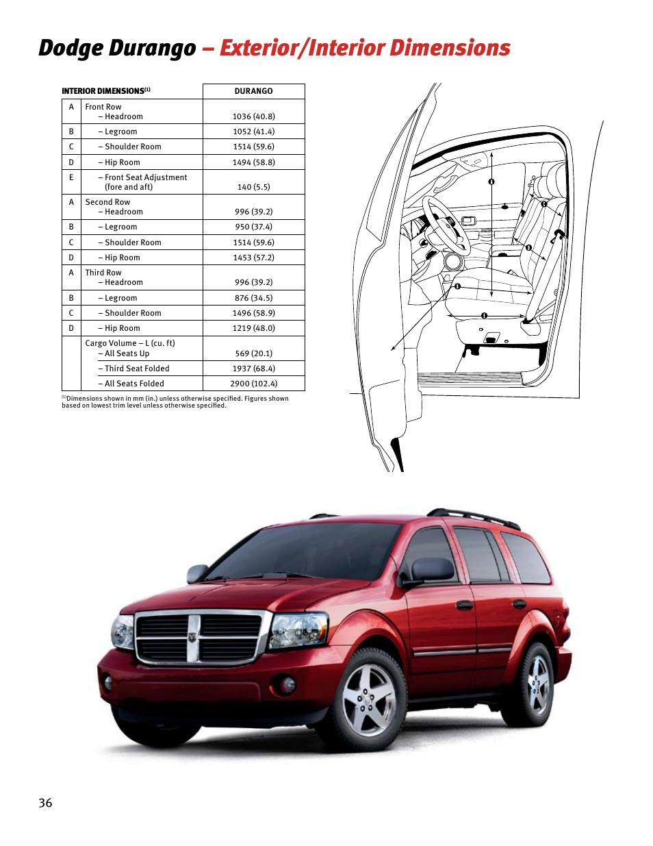 Dodge durango – exterior/interior dimensions | Chrysler RAM 4500 User Manual | Page 36 / 44