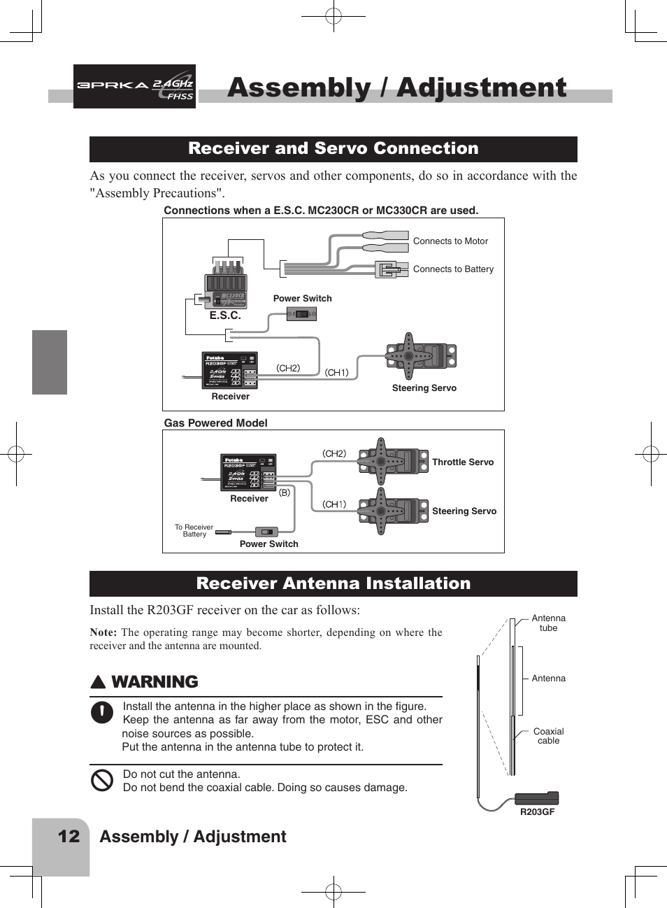 Assembly / adjustment, 12 assembly / adjustment, Receiver and servo connection | Receiver antenna installation, Warning | Futaba 3PRKA 2.4GHz User Manual | Page 11 / 22