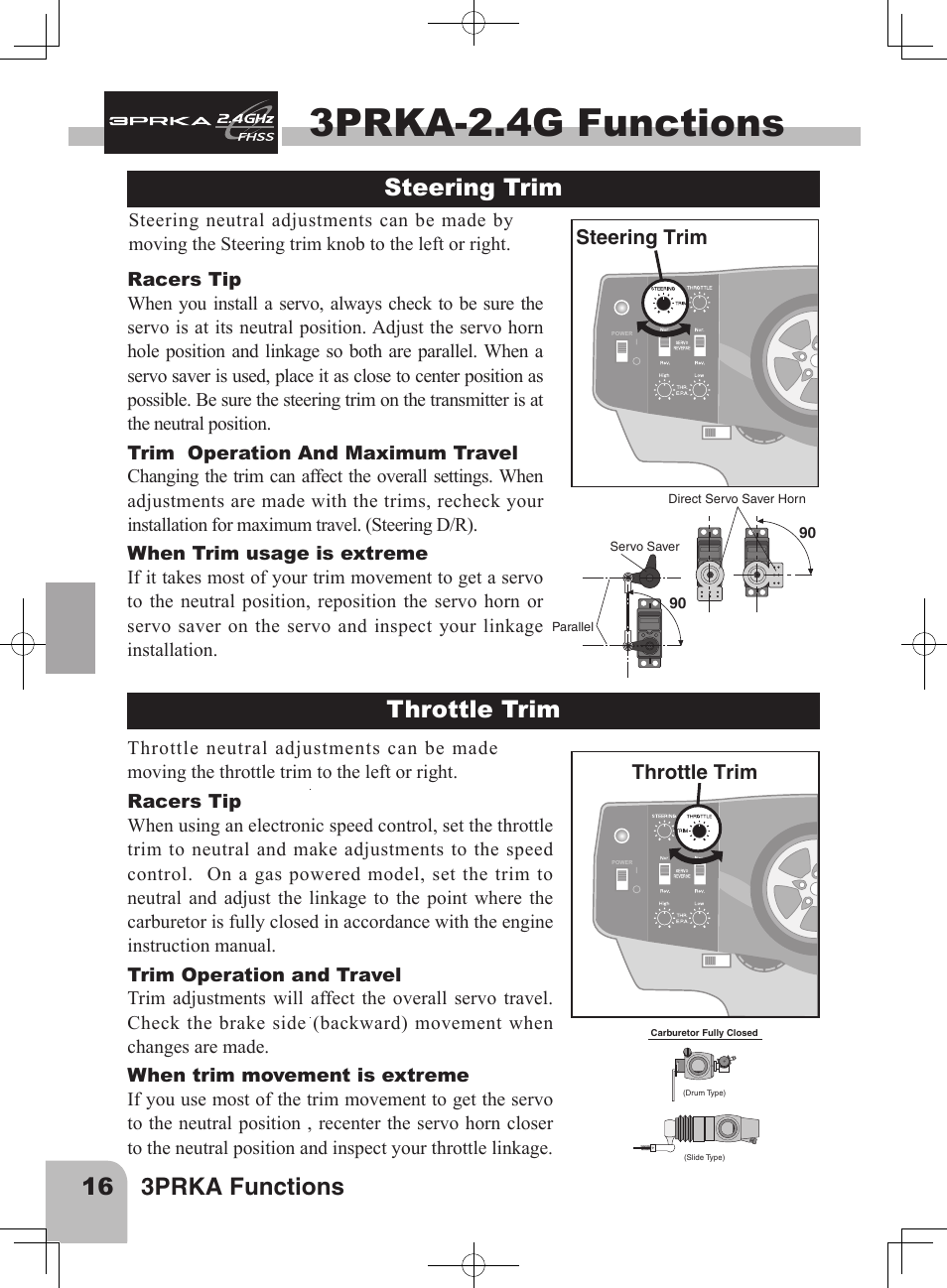 3prka-2.4g functions, 16 3prka functions, Steering trim | Throttle trim | Futaba 3PRKA 2.4GHz User Manual | Page 15 / 22