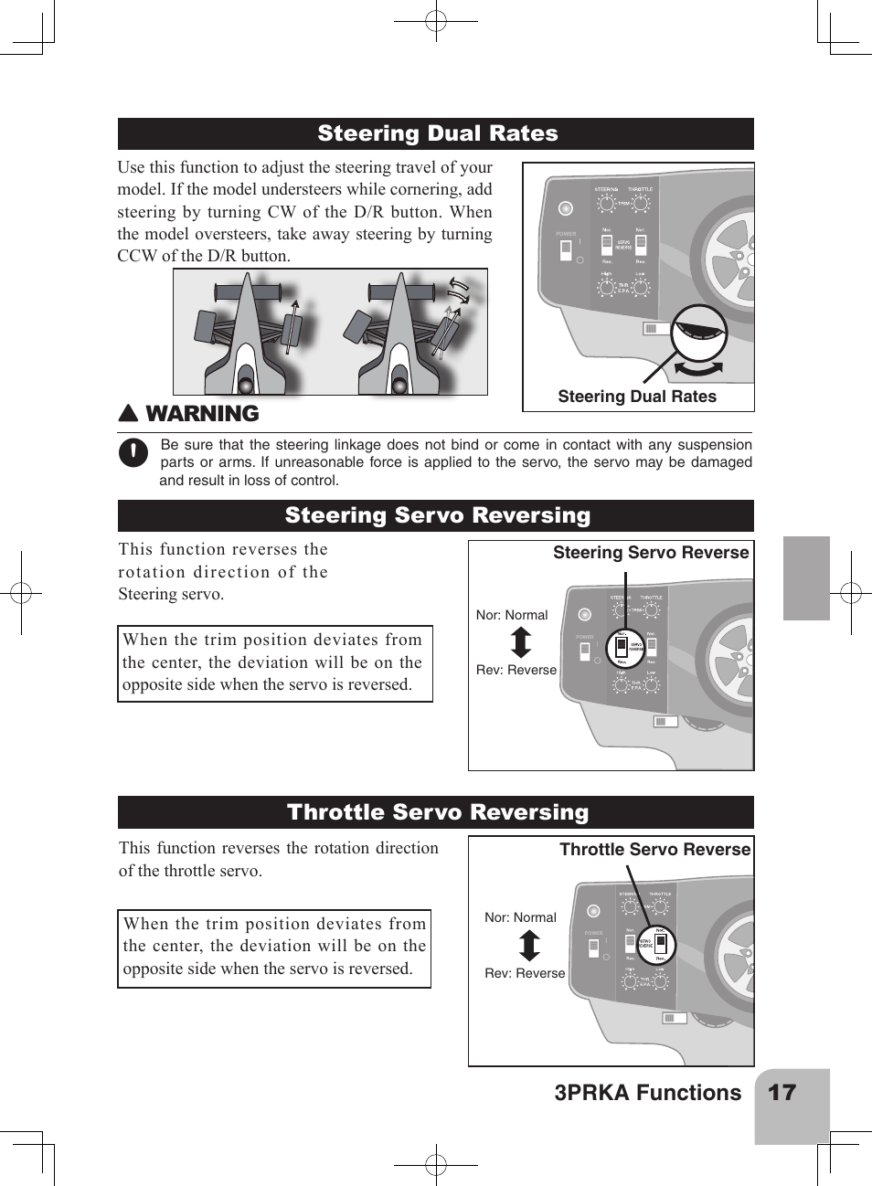 17 3prka functions, Throttle servo reversing (rev-ch2), Warning | Futaba 3PRKA 2.4GHz User Manual | Page 16 / 22
