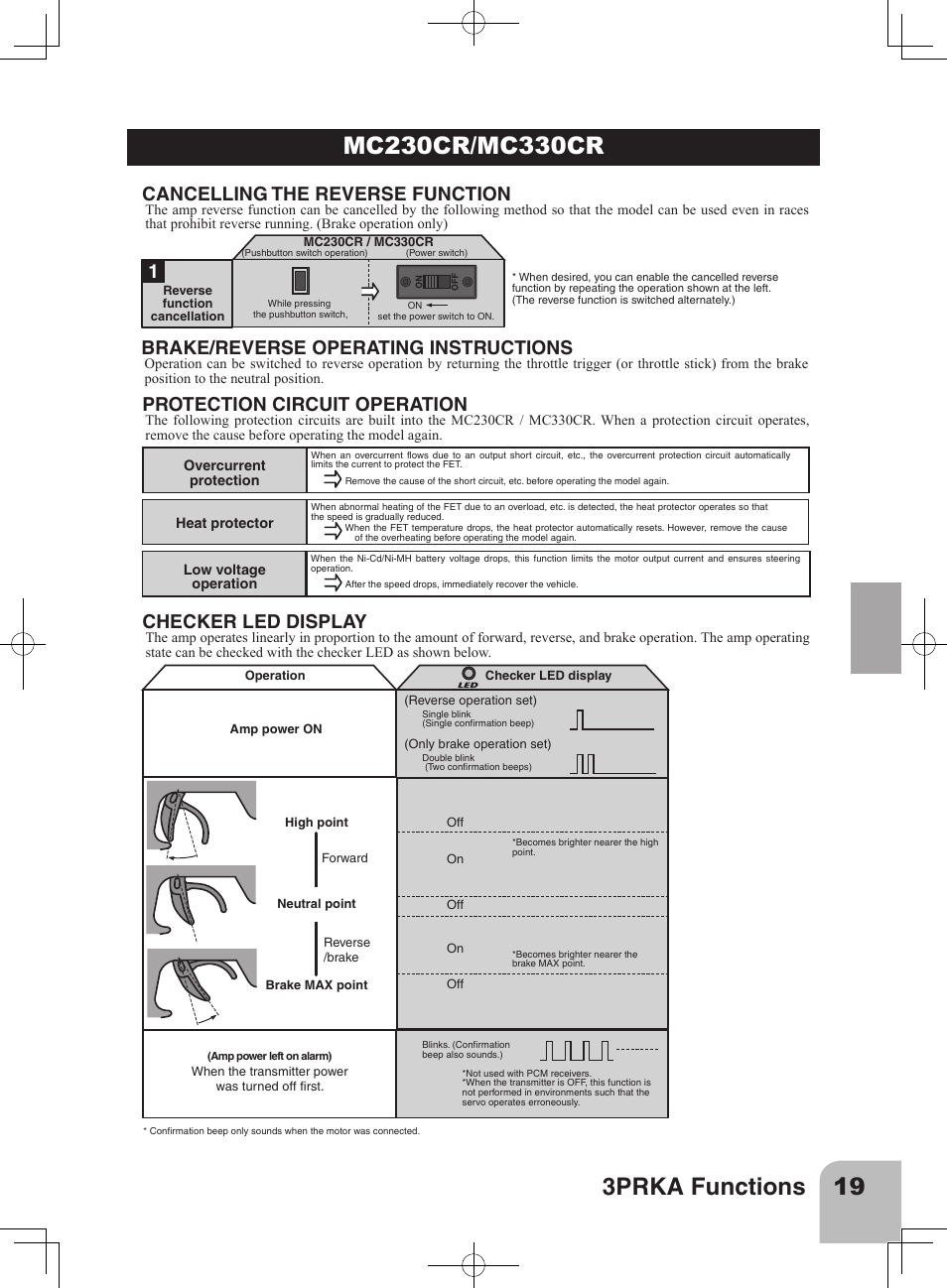 Brake/reverse operating instructions, Cancelling the reverse function, Checker led display | Protection circuit operation | Futaba 3PRKA 2.4GHz User Manual | Page 18 / 22