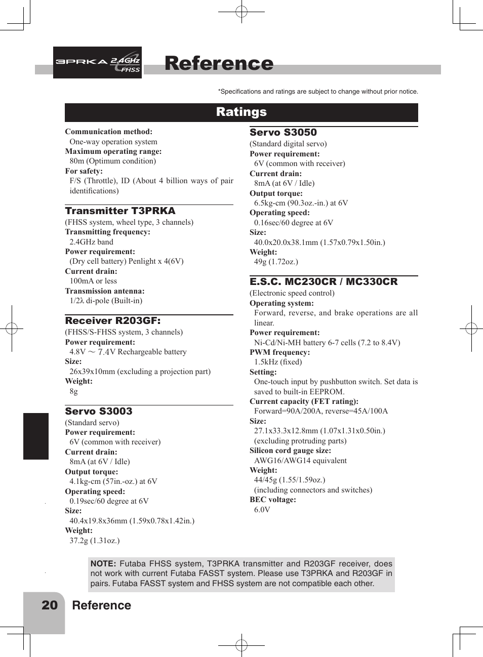 Reference, 20 reference, Ratings | Futaba 3PRKA 2.4GHz User Manual | Page 19 / 22