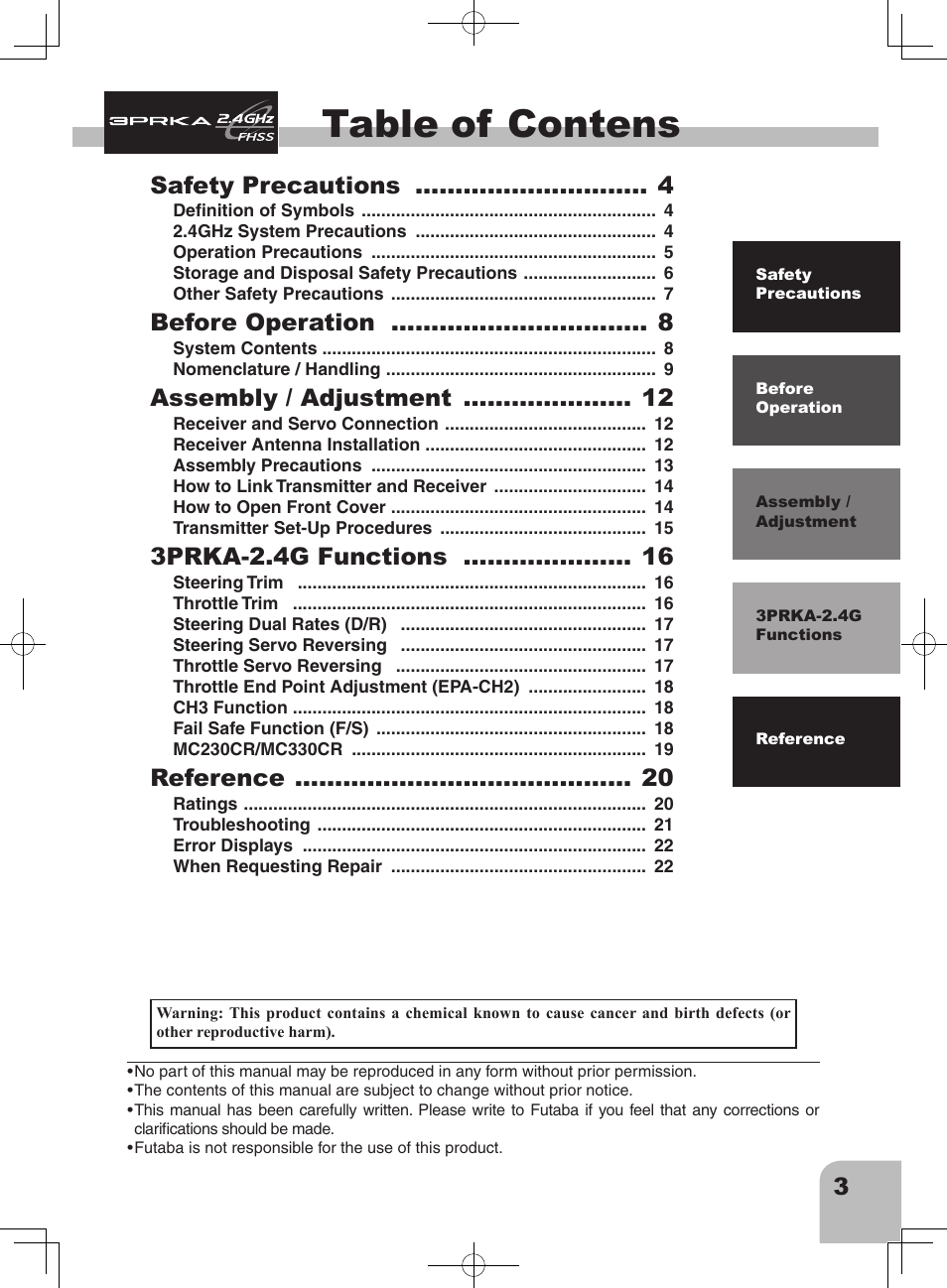 Table of contens, 3safety precautions, Before operation | Assembly / adjustment, 3prka-2.4g functions, Reference | Futaba 3PRKA 2.4GHz User Manual | Page 2 / 22