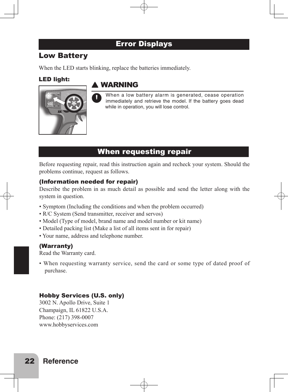 22 reference low battery, Error displays  warning, When requesting repair | Futaba 3PRKA 2.4GHz User Manual | Page 21 / 22