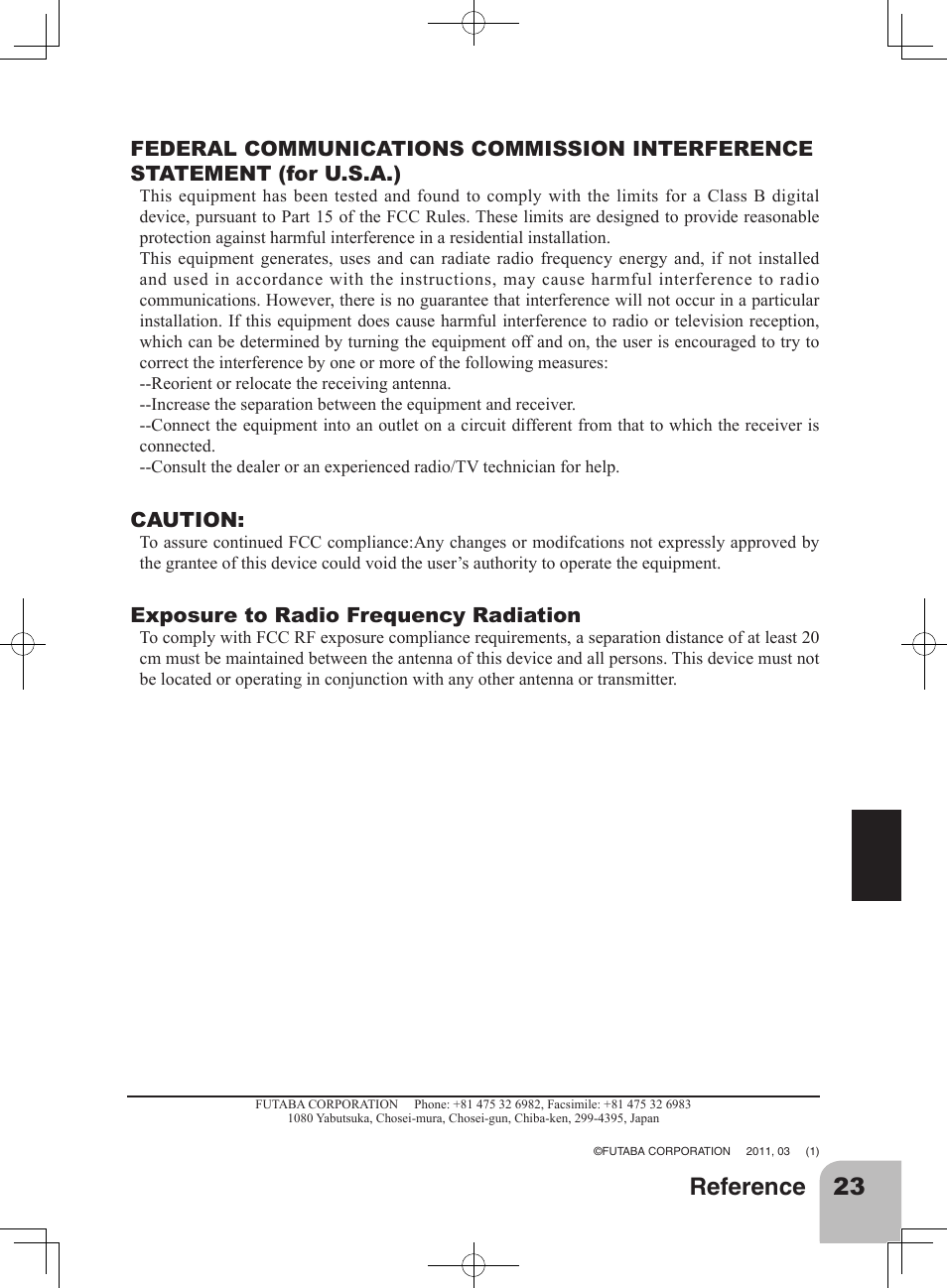 23 reference, Caution, Exposure to radio frequency radiation | Futaba 3PRKA 2.4GHz User Manual | Page 22 / 22