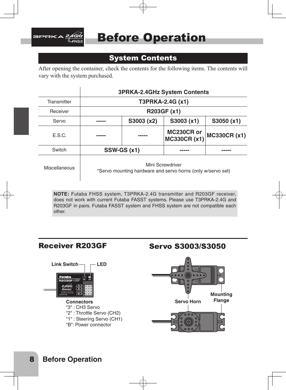 Before operation, 8 before operation, System contents | Futaba 3PRKA 2.4GHz User Manual | Page 7 / 22
