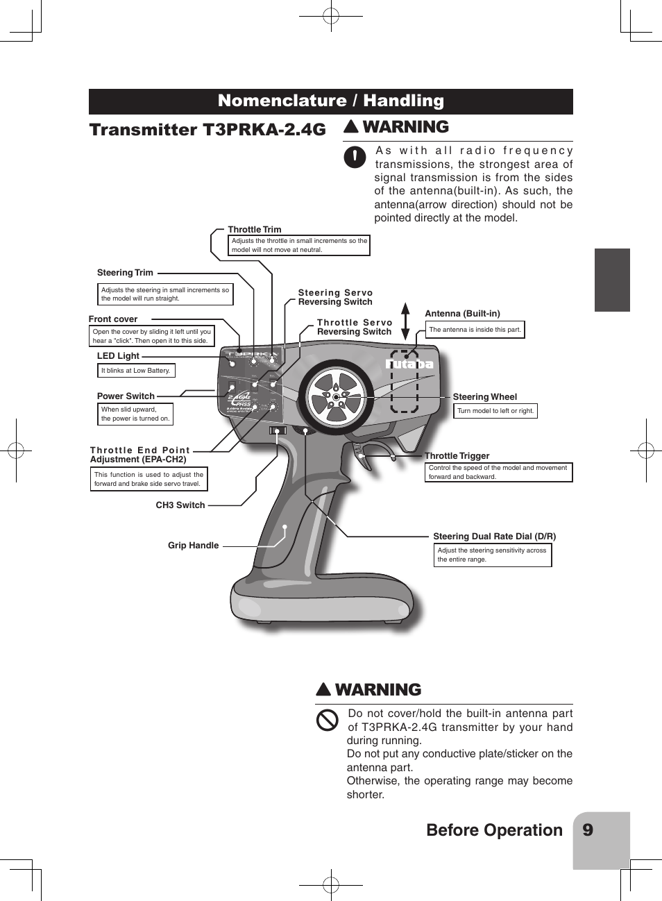 9before operation, Warning | Futaba 3PRKA 2.4GHz User Manual | Page 8 / 22