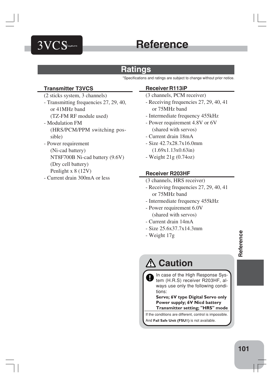 Reference, Caution, Ratings | Futaba 3VCS User Manual | Page 100 / 112
