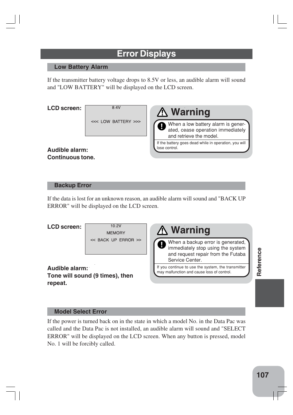 Warning, Error displays | Futaba 3VCS User Manual | Page 106 / 112
