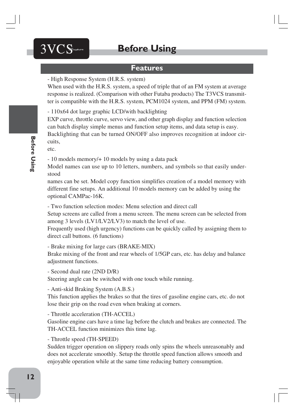 Before using, Features | Futaba 3VCS User Manual | Page 11 / 112