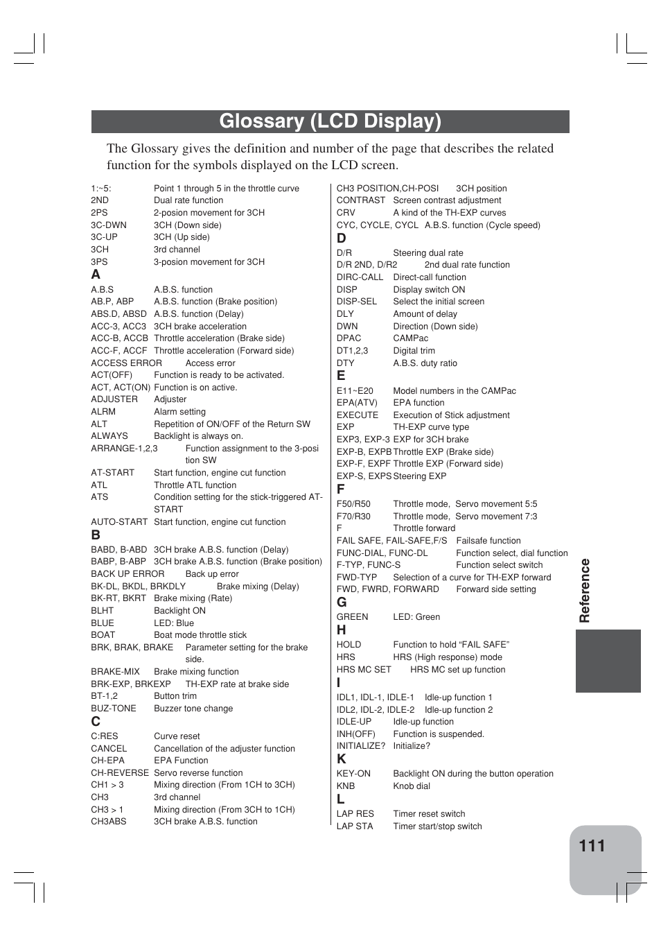 Glossary (lcd display), Reference | Futaba 3VCS User Manual | Page 110 / 112