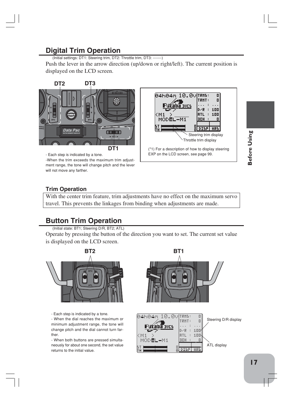 Digital trim operation, Button trim operation, Before using | Futaba 3VCS User Manual | Page 16 / 112