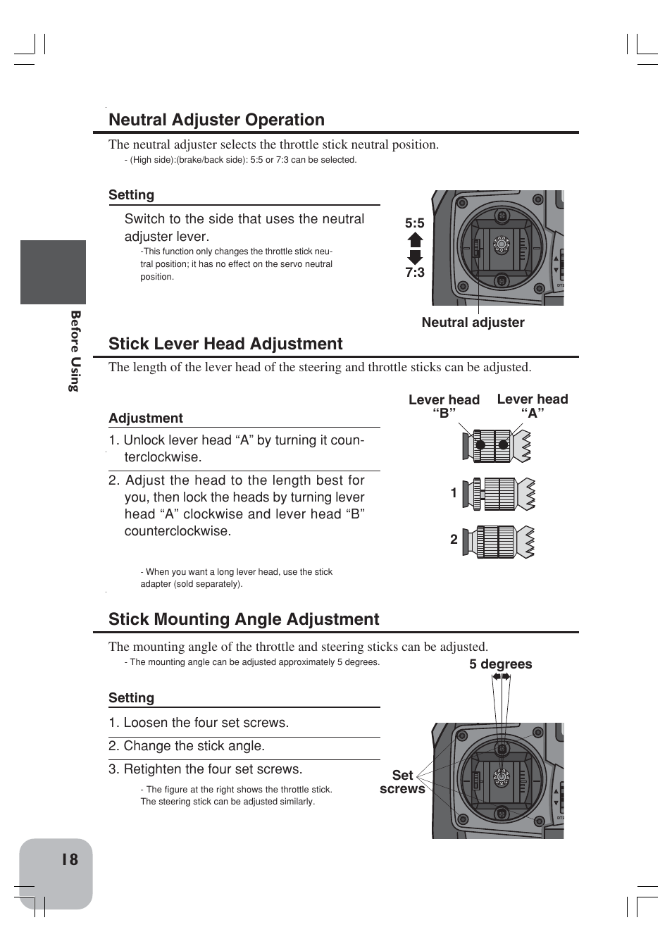 Neutral adjuster operation, Stick lever head adjustment, Stick mounting angle adjustment | Futaba 3VCS User Manual | Page 17 / 112