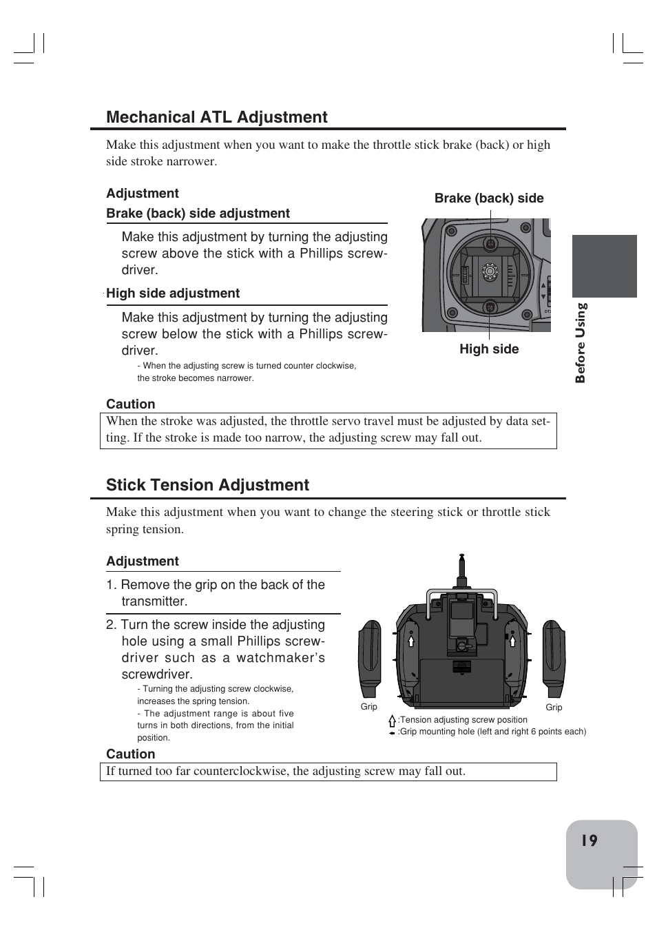 Stick tension adjustment, Mechanical atl adjustment | Futaba 3VCS User Manual | Page 18 / 112
