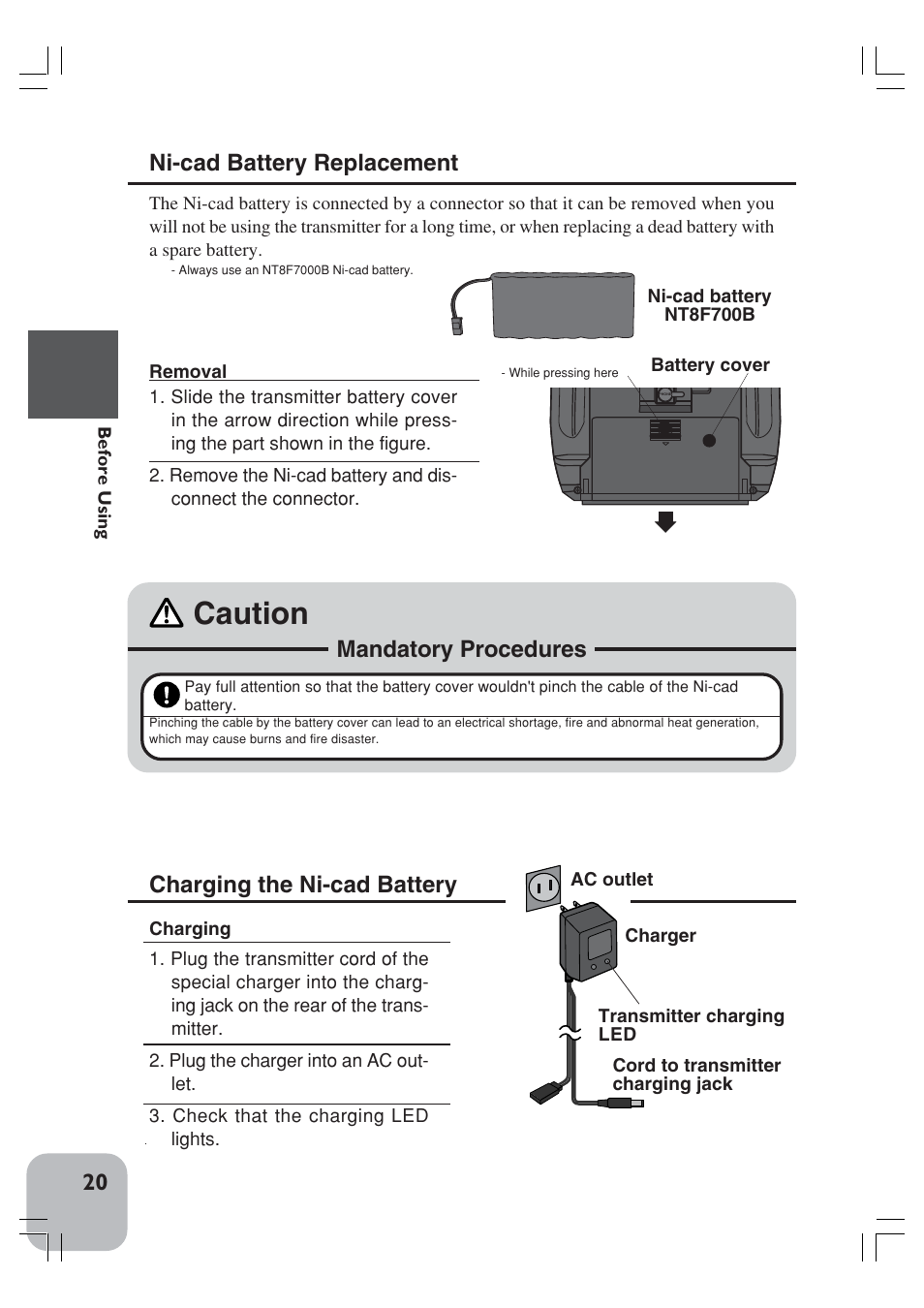 Caution, Charging the ni-cad battery, Ni-cad battery replacement | Mandatory procedures | Futaba 3VCS User Manual | Page 19 / 112