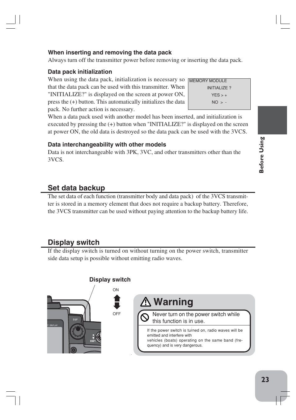 Warning, Set data backup, Display switch | Futaba 3VCS User Manual | Page 22 / 112