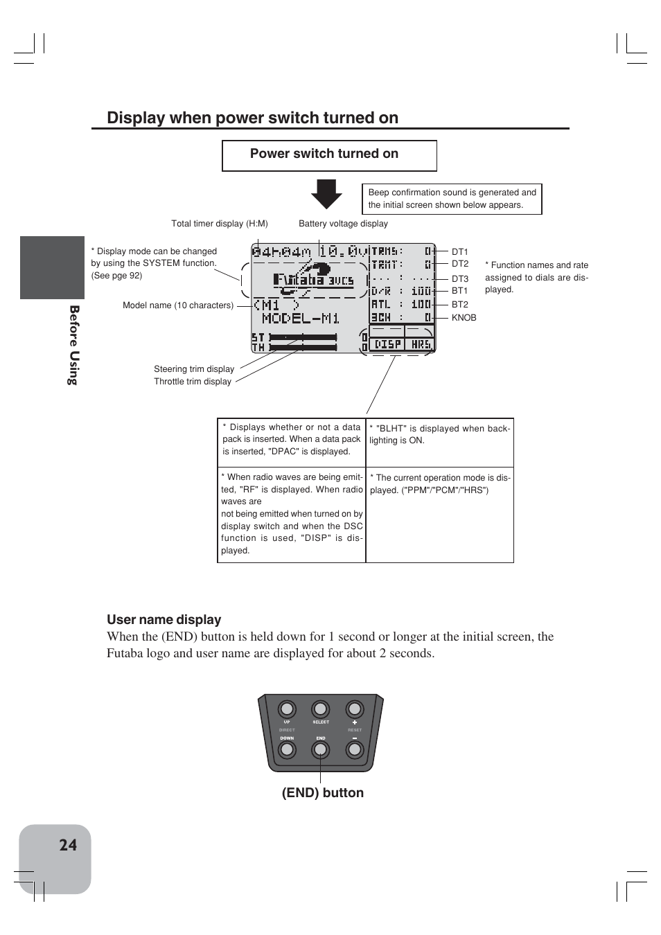 Display when power switch turned on, Before using, End) button | Power switch turned on | Futaba 3VCS User Manual | Page 23 / 112