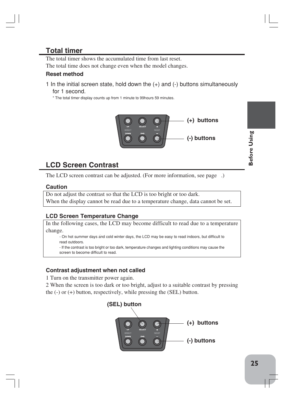 Lcd screen contrast, Total timer | Futaba 3VCS User Manual | Page 24 / 112