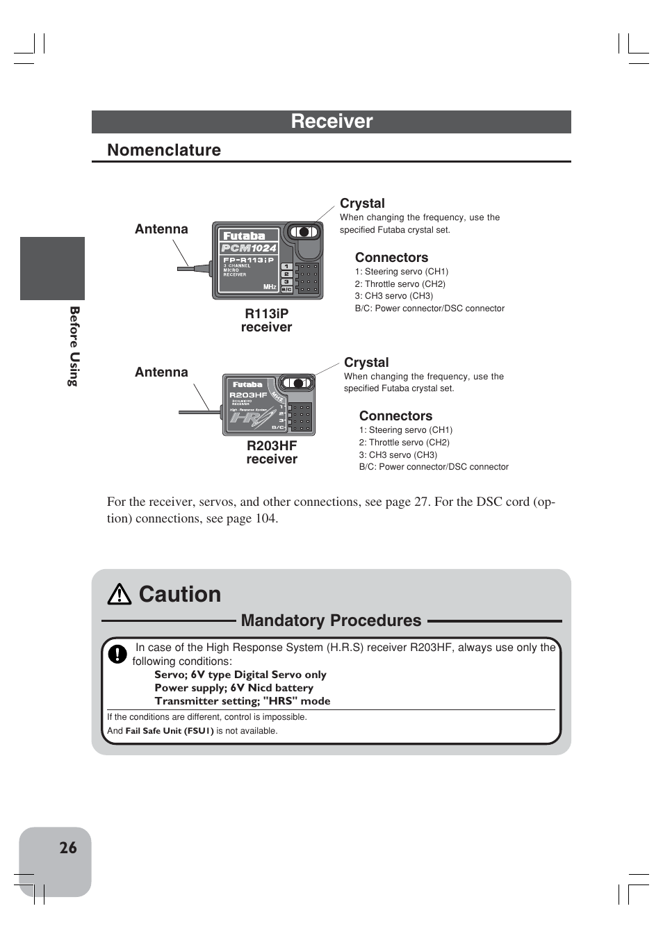 Caution, Receiver, Mandatory procedures | Nomenclature | Futaba 3VCS User Manual | Page 25 / 112