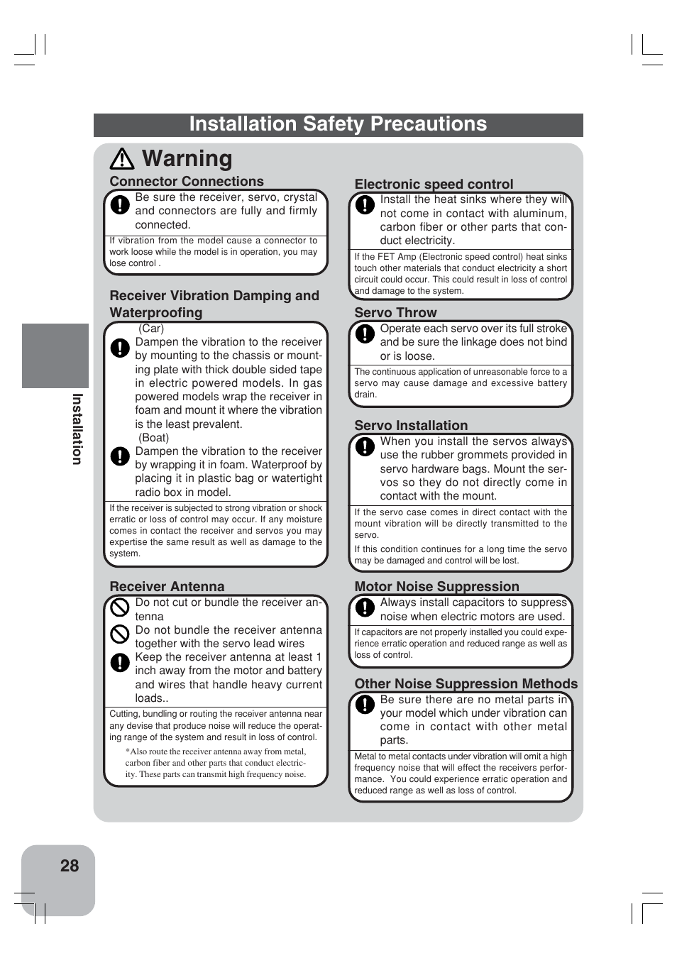 Warning, Installation safety precautions | Futaba 3VCS User Manual | Page 27 / 112
