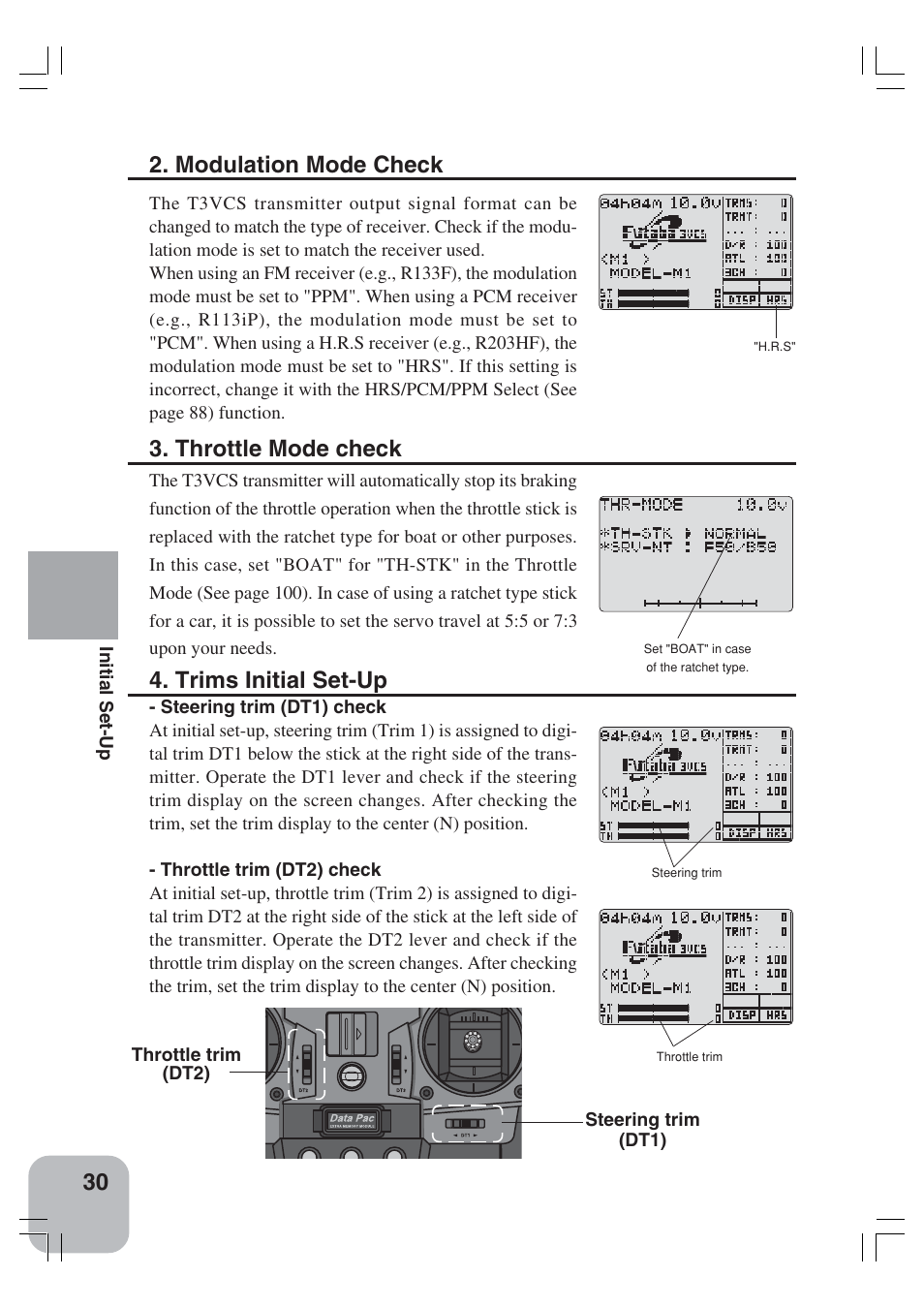 Modulation mode check, Trims initial set-up, Throttle mode check | Futaba 3VCS User Manual | Page 29 / 112
