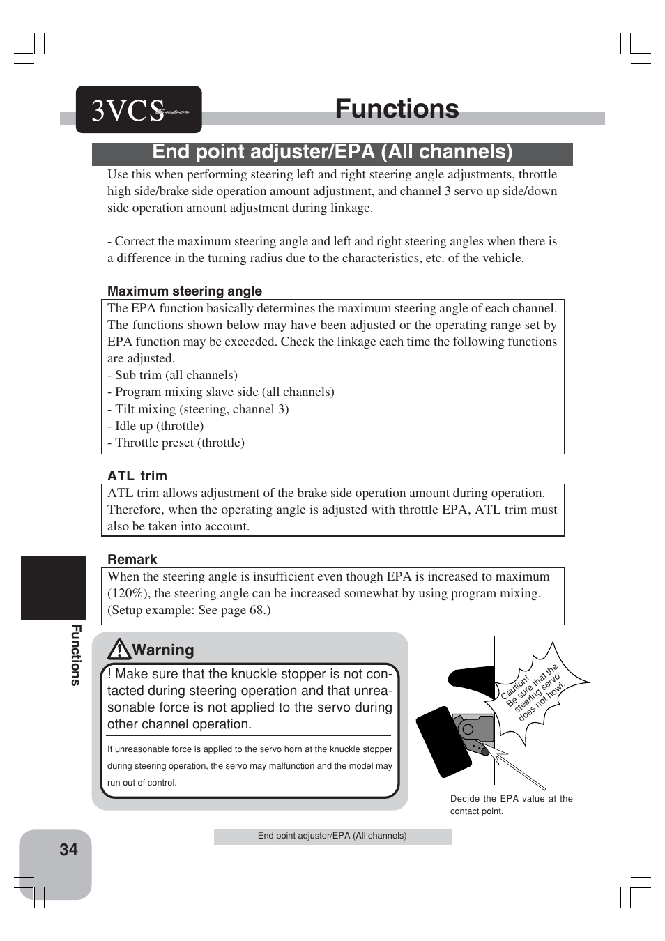 Functions, End point adjuster/epa (all channels), Warning | Futaba 3VCS User Manual | Page 33 / 112