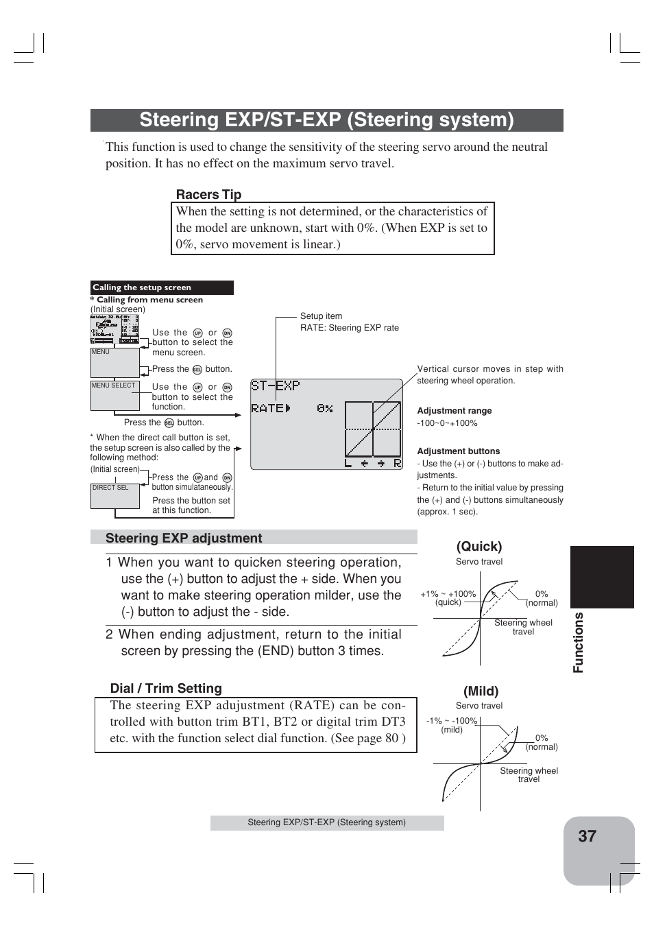 Steering exp/st-exp (steering system), Functions, Quick) | Mild) | Futaba 3VCS User Manual | Page 36 / 112