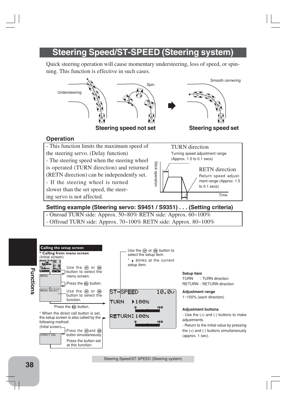 Steering speed/st-speed (steering system), Functions, Retn direction | Futaba 3VCS User Manual | Page 37 / 112