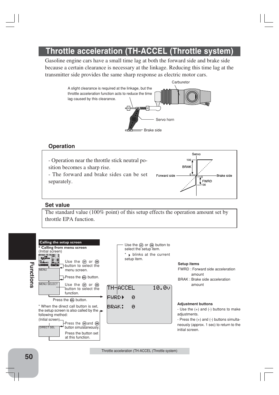 Throttle acceleration (th-accel (throttle system), Functions | Futaba 3VCS User Manual | Page 49 / 112