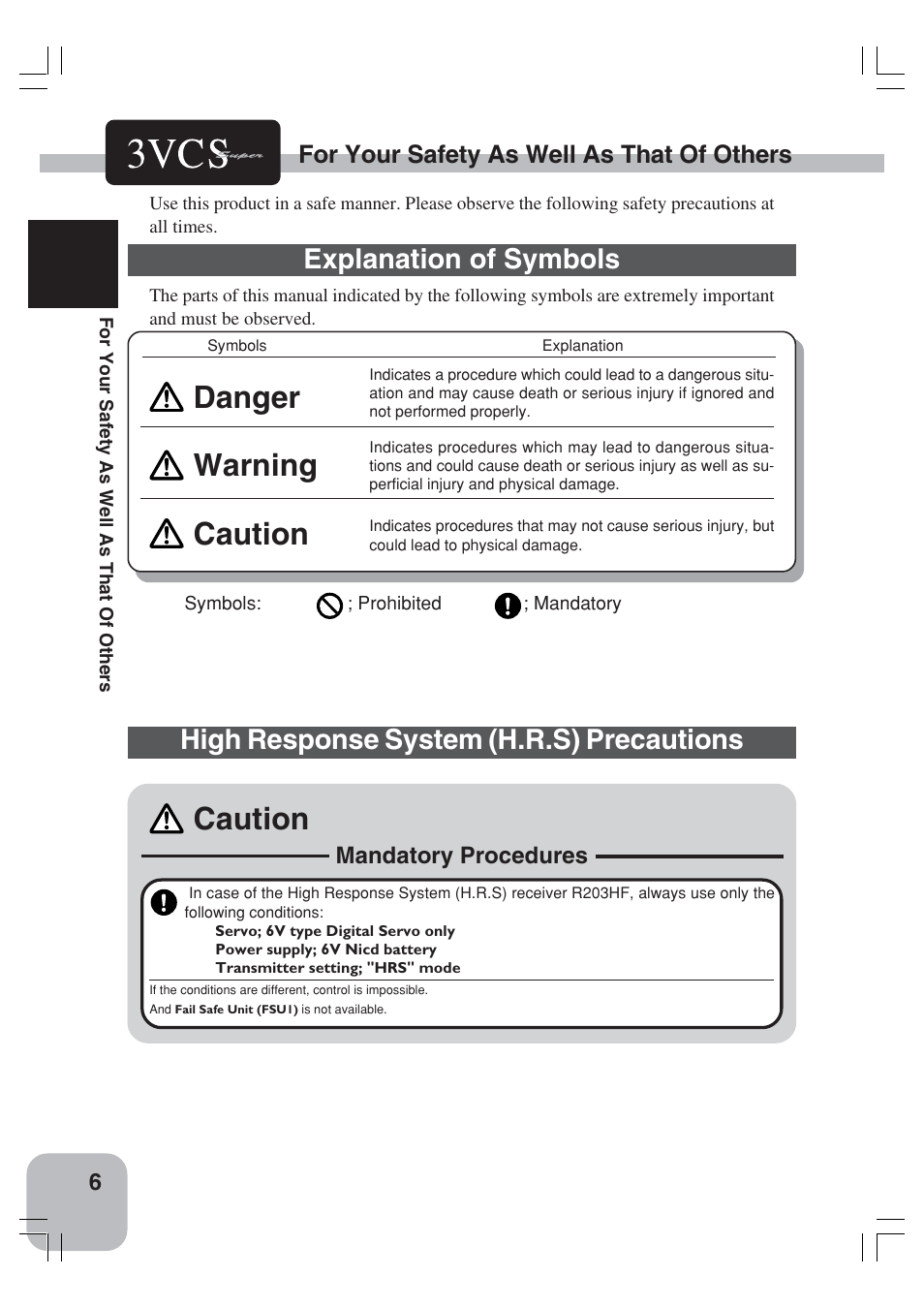Danger, Warning, Caution | Explanation of symbols, High response system (h.r.s) precautions, For your safety as well as that of others | Futaba 3VCS User Manual | Page 5 / 112