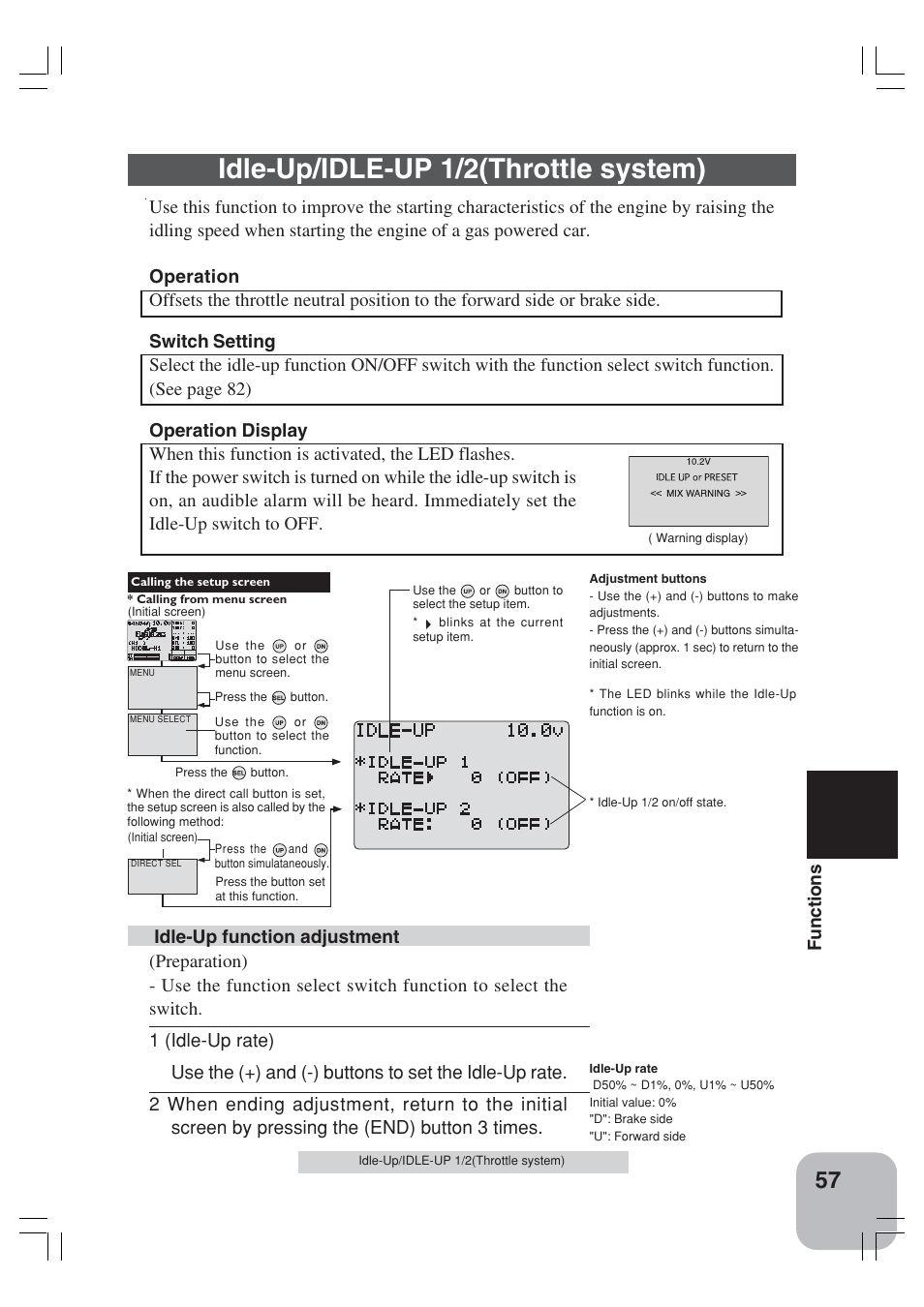 Idle-up/idle-up 1/2(throttle system), Functions | Futaba 3VCS User Manual | Page 56 / 112