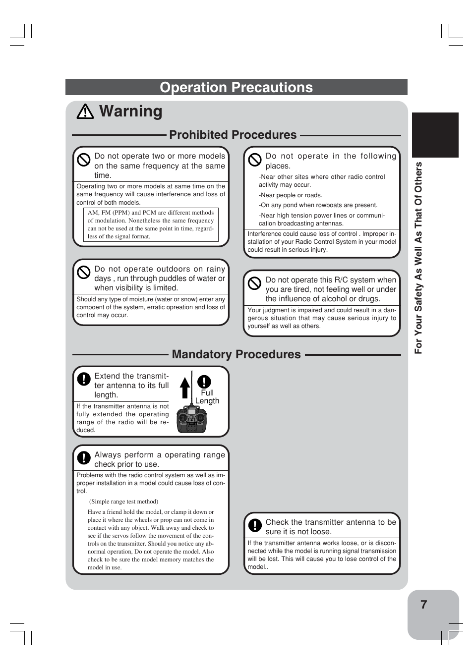 Warning, Operation precautions, Prohibited procedures | Mandatory procedures | Futaba 3VCS User Manual | Page 6 / 112