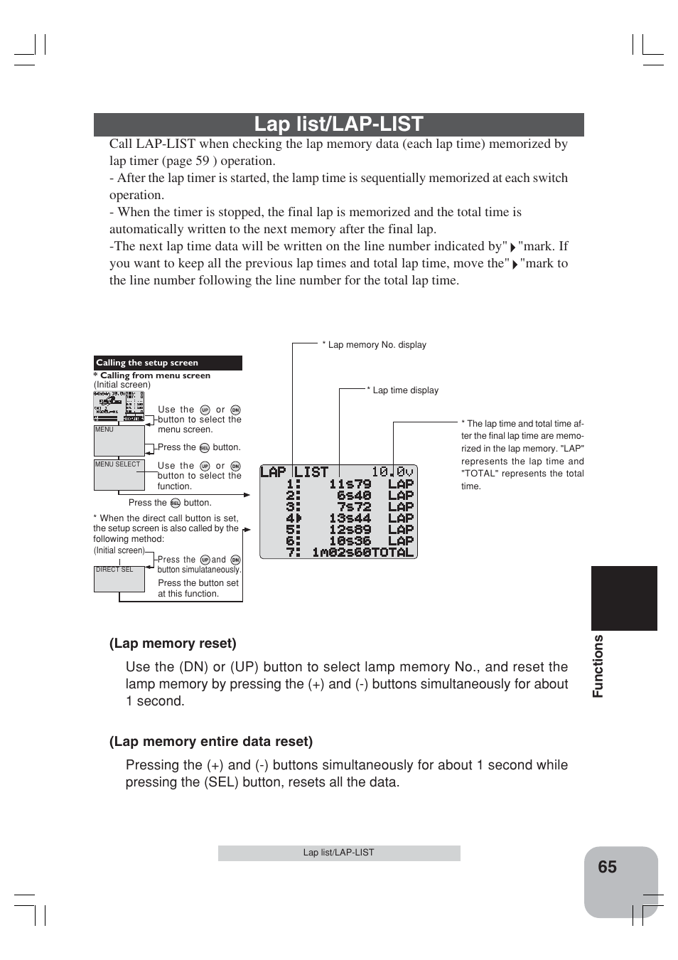 Lap list/lap-list, Functions | Futaba 3VCS User Manual | Page 64 / 112