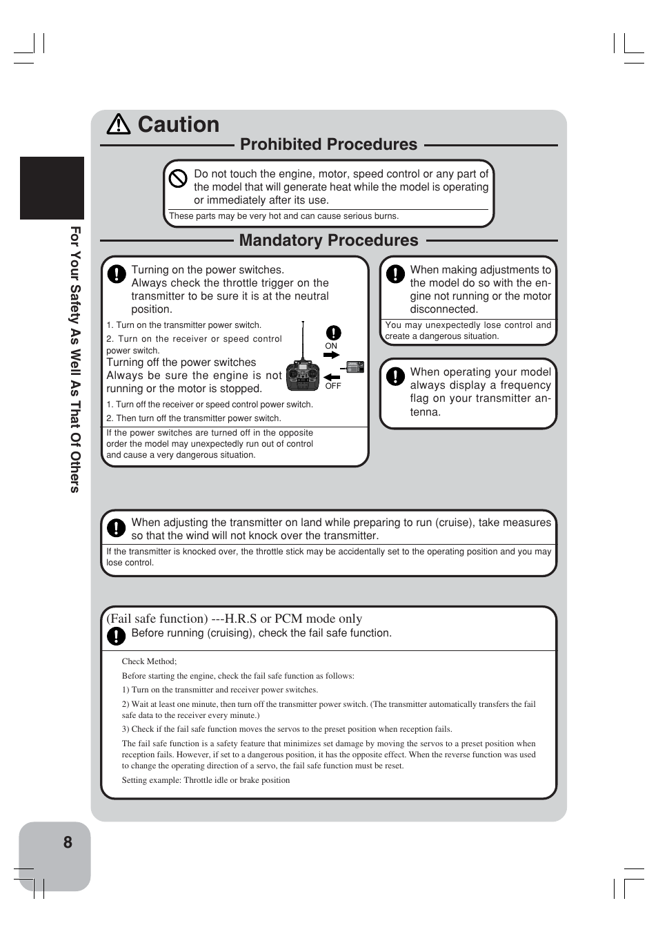 Caution, Prohibited procedures mandatory procedures, For your safety as well as that of others | Fail safe function) ---h.r.s or pcm mode only | Futaba 3VCS User Manual | Page 7 / 112