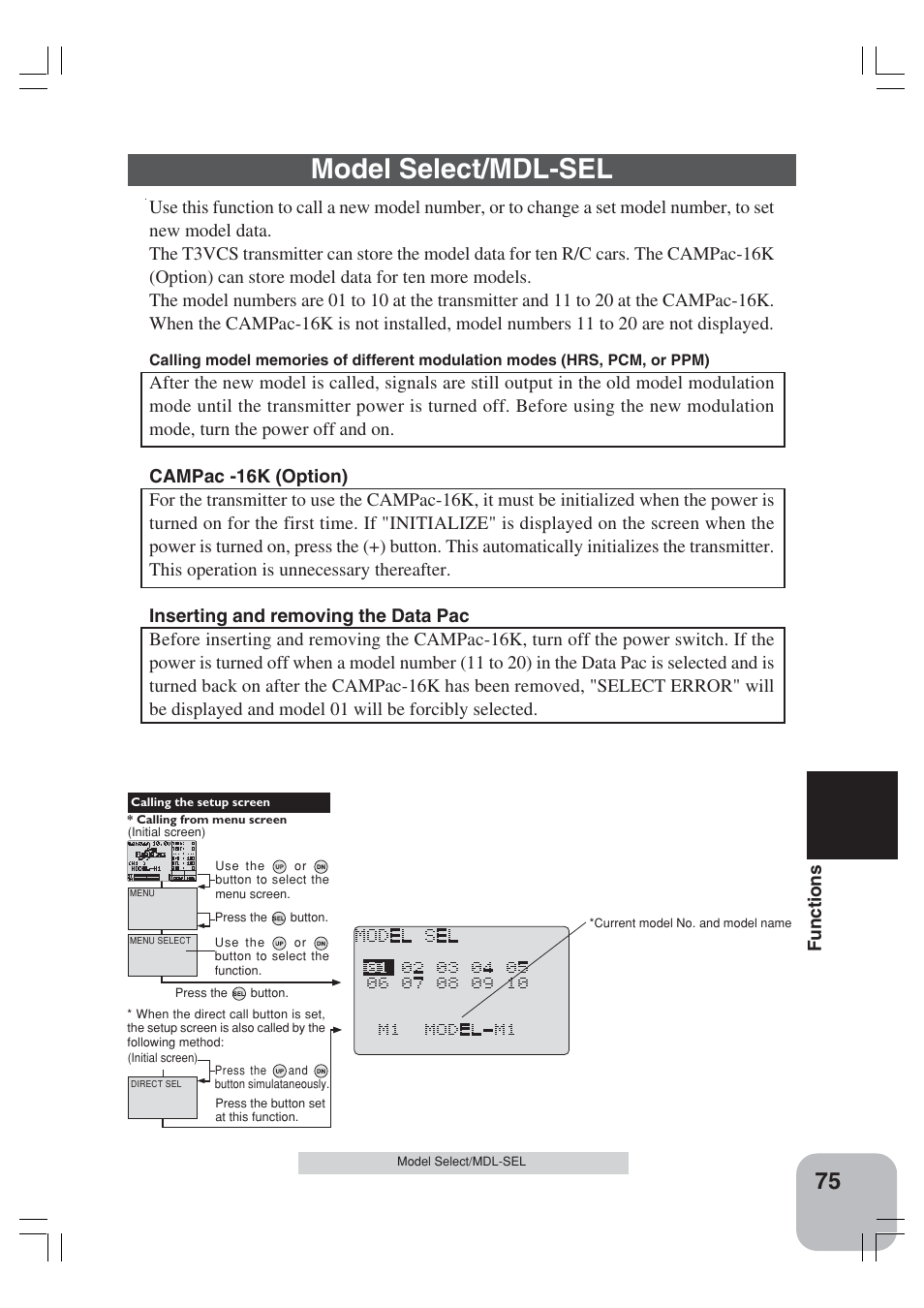 Model select/mdl-sel, Functions | Futaba 3VCS User Manual | Page 74 / 112