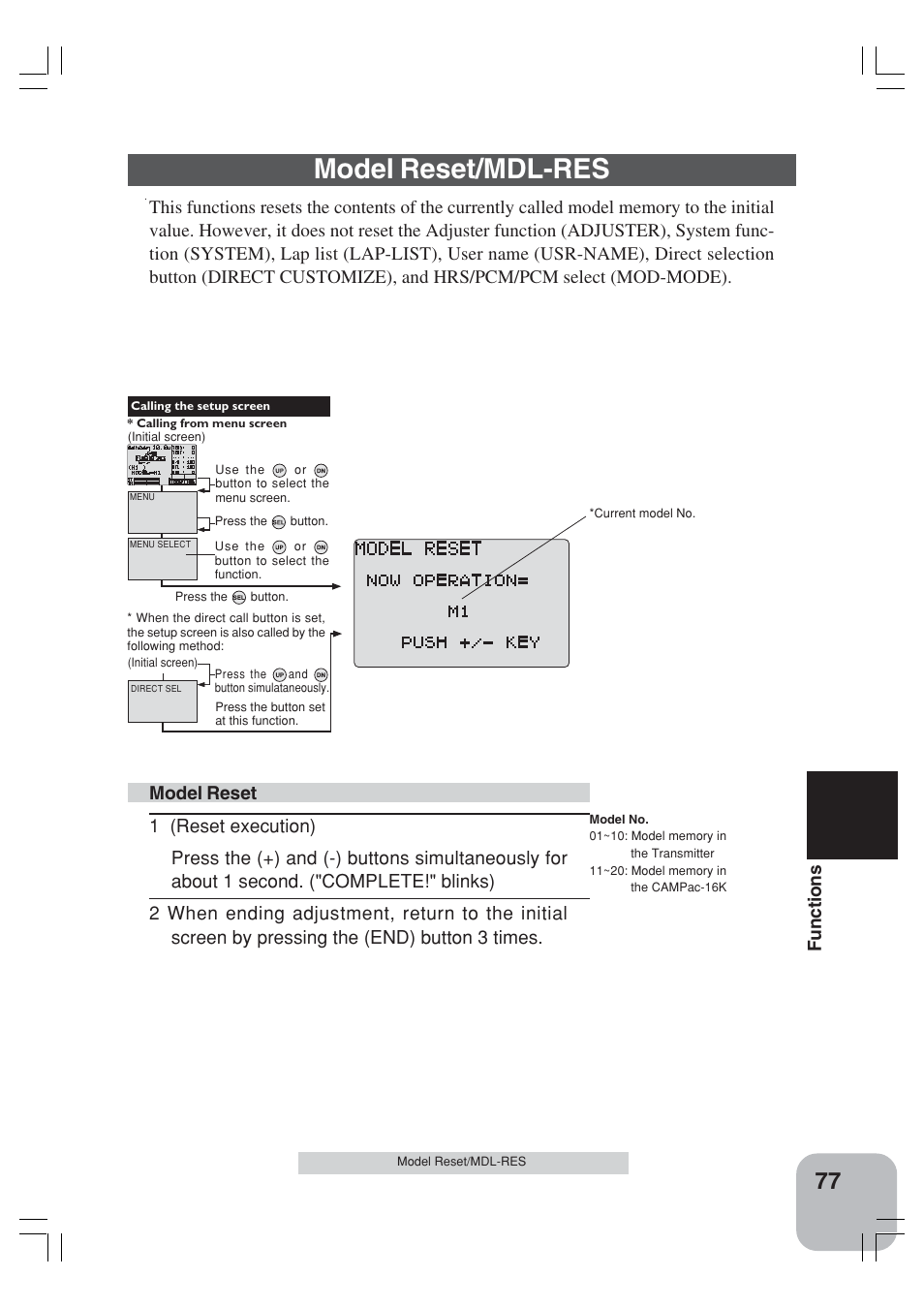 Model reset/mdl-res, Functions | Futaba 3VCS User Manual | Page 76 / 112