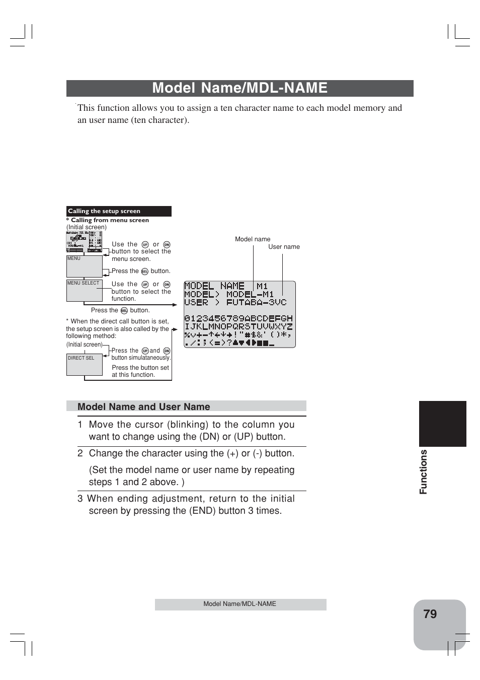 Model name/mdl-name, Functions | Futaba 3VCS User Manual | Page 78 / 112
