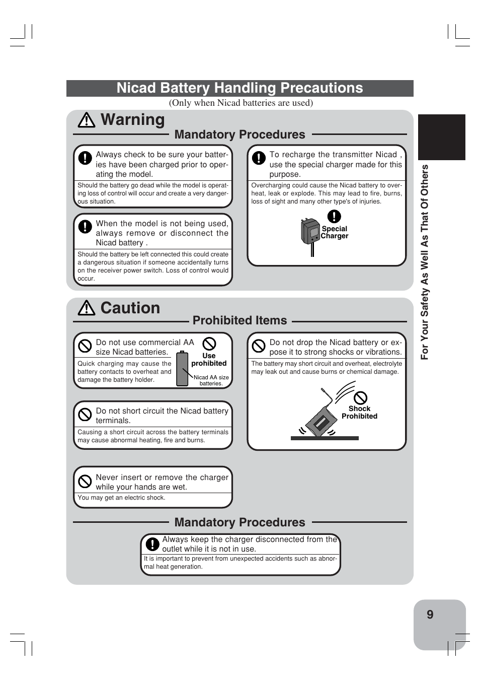 Warning, Caution, Nicad battery handling precautions | Mandatory procedures, Prohibited items | Futaba 3VCS User Manual | Page 8 / 112