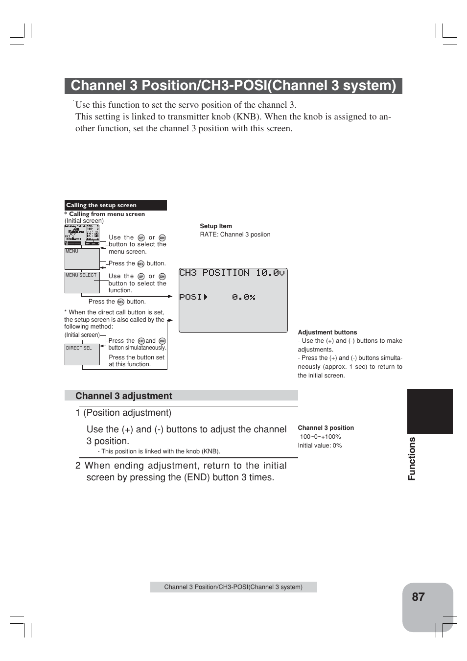 Channel 3 position/ch3-posi(channel 3 system), Functions | Futaba 3VCS User Manual | Page 86 / 112
