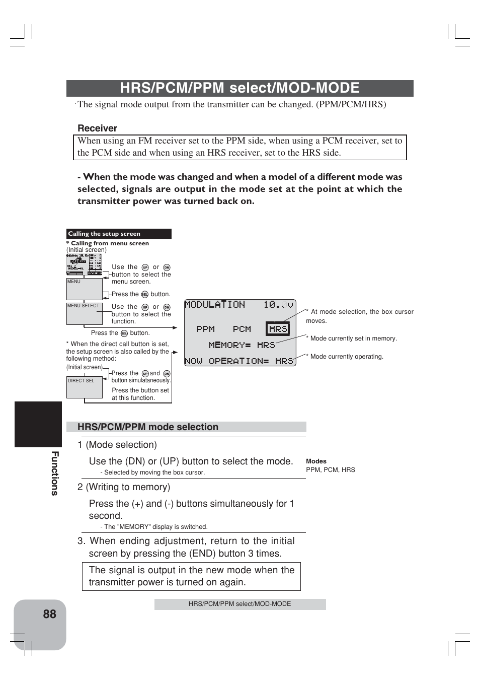 Hrs/pcm/ppm select/mod-mode, Functions | Futaba 3VCS User Manual | Page 87 / 112